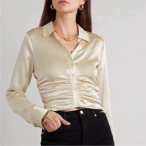 Reformation Kendall Champagne Cream 100% Silk Satin Ruched Button Down B…